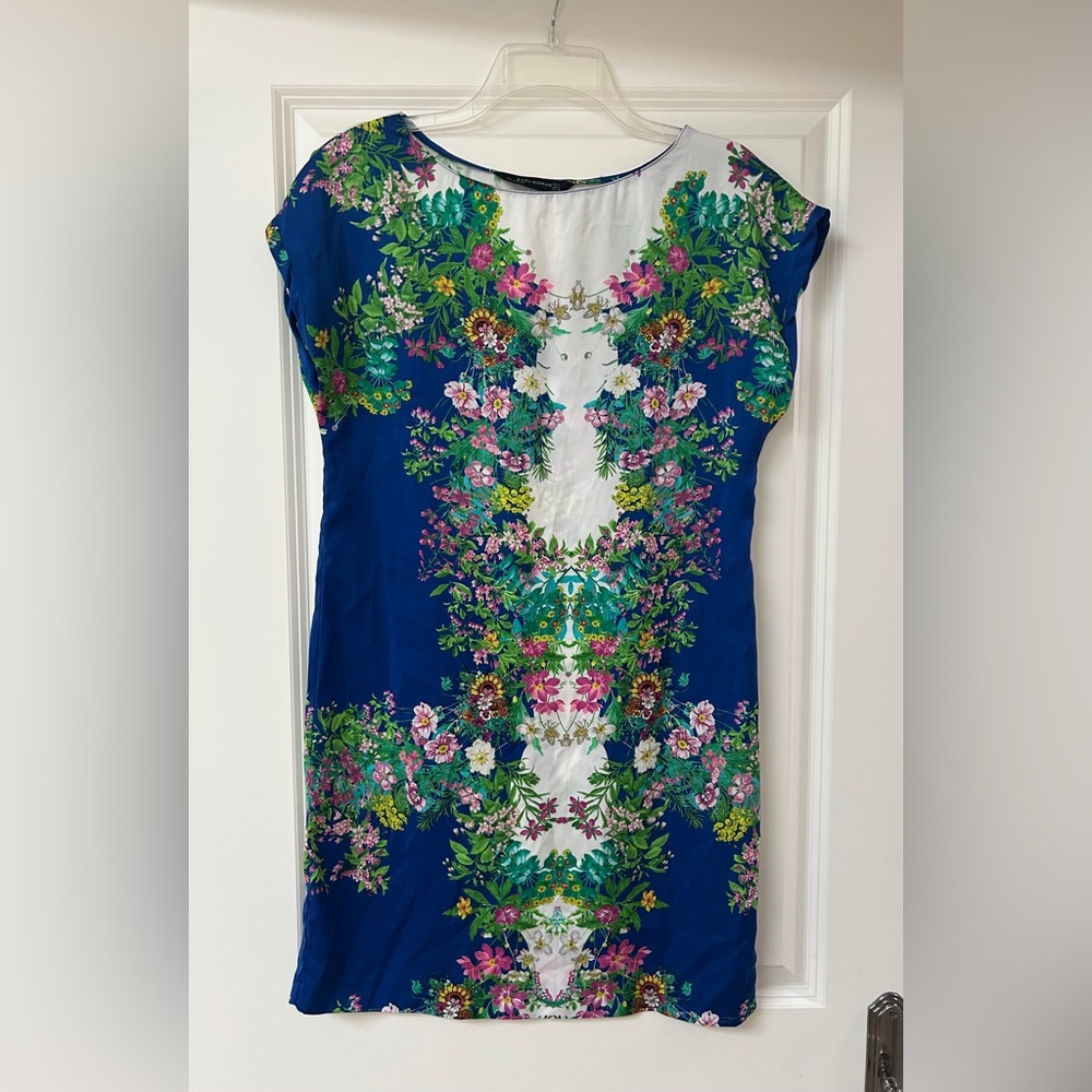 Zara Women Blue Floral-Print Silk-Style Cap-Sleeve Mini Tunic Dress - Small - Picture 3 of 8